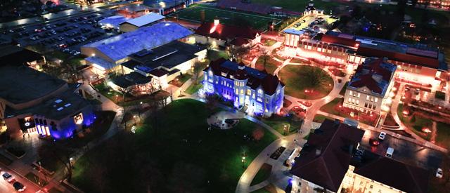 An aerial shot of Carroll's campus at night